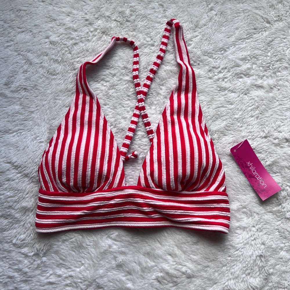 Xhilaration Red White Striped Textured Triangle Bikini Top Small NWT 238053832